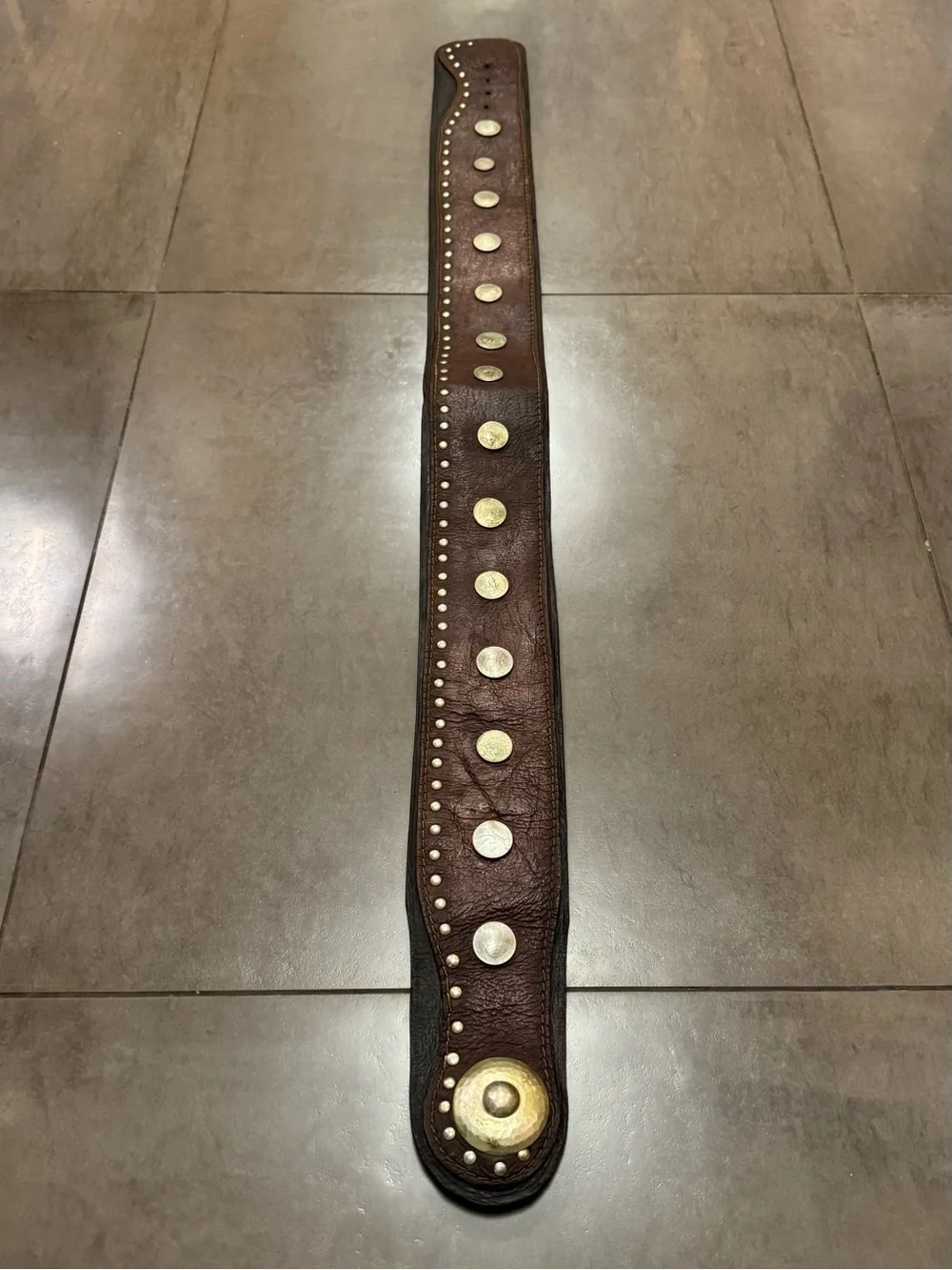 Vintage 1970s Coin-Studded Wide Leather Waist Belt w/ Brass Accent, Men’s XL